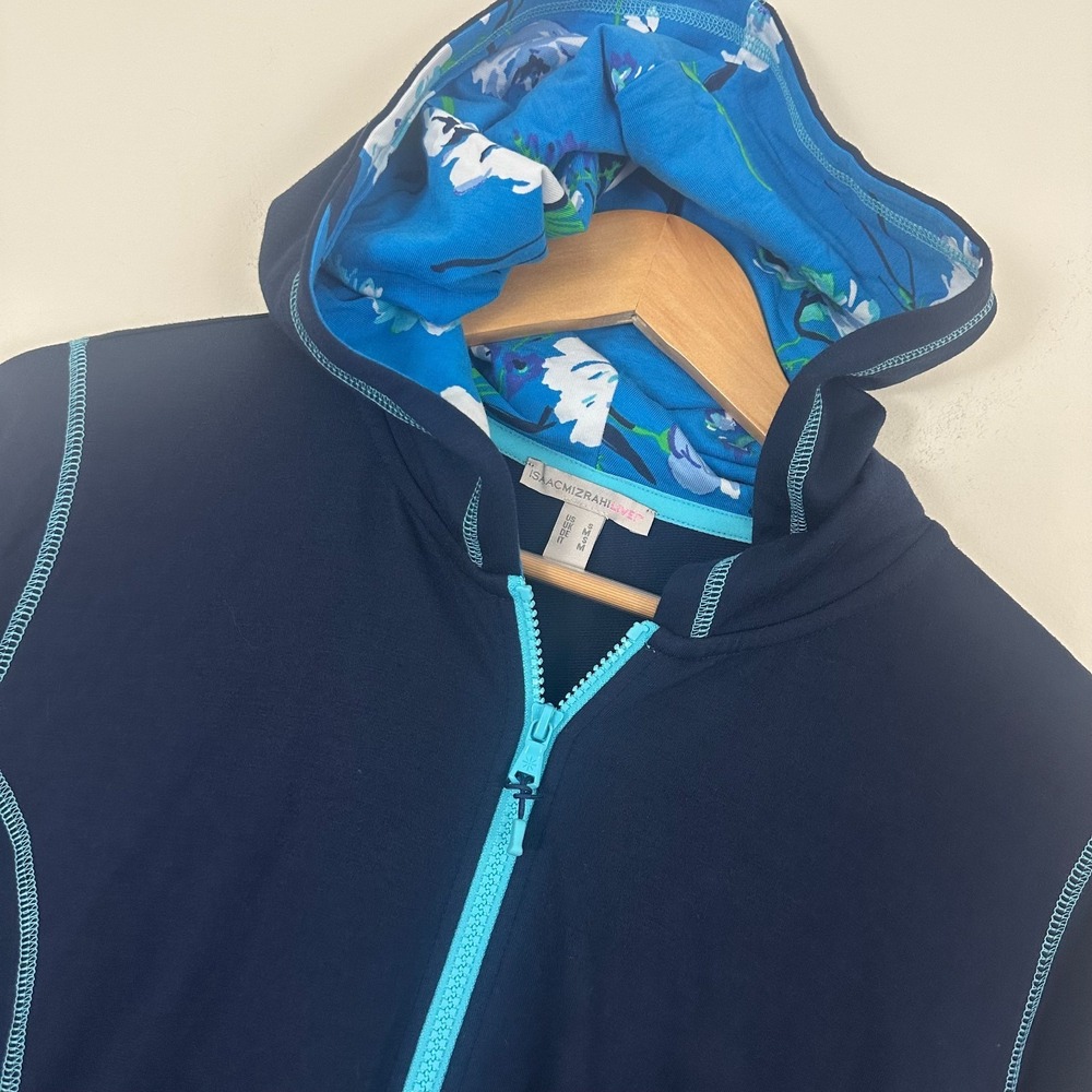 Isaac Mizrahi Live Floral Hoodie Navy Blue Stretch Full Zip Womens S